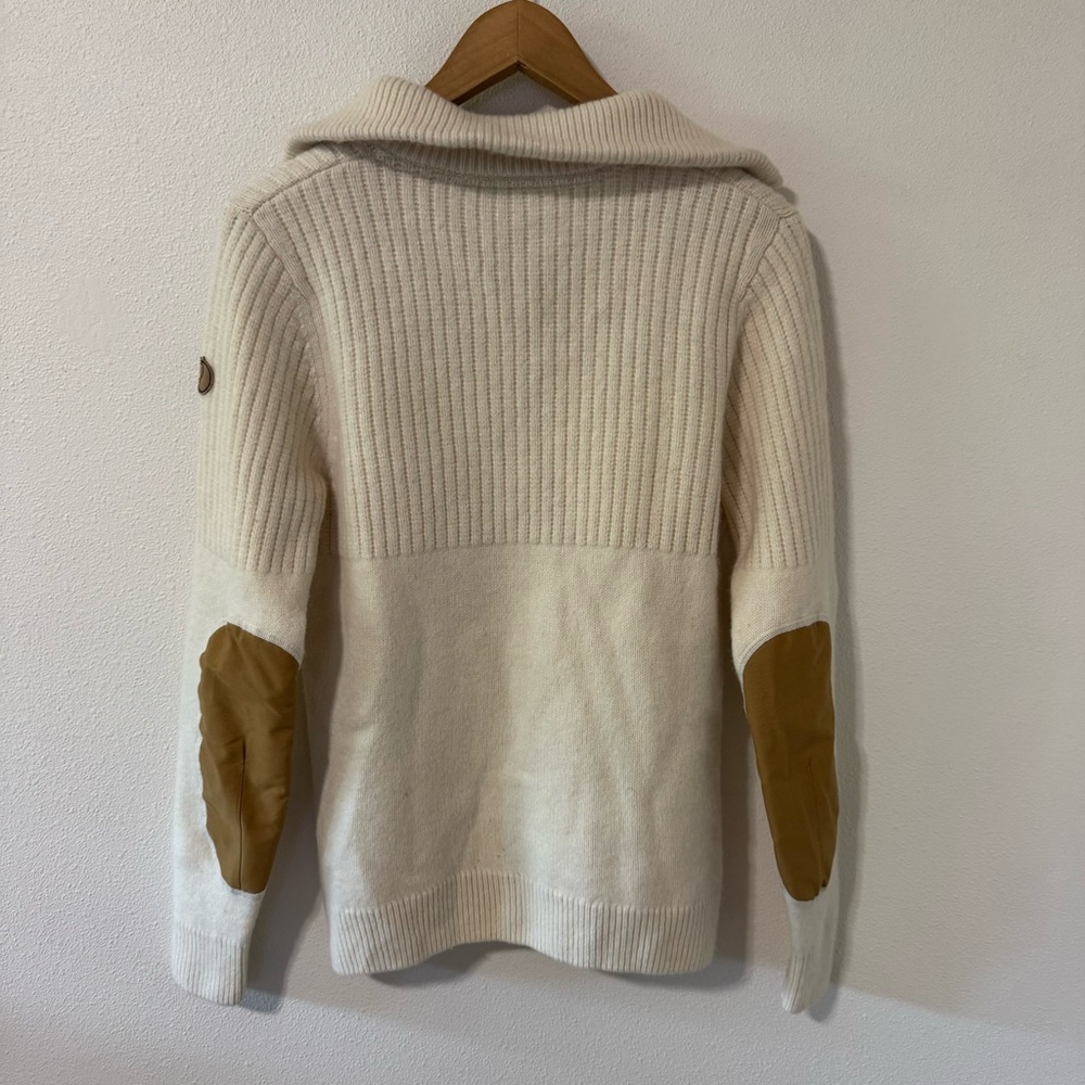 Fjällräven Övik Half Zip Knit Wool Sweater Chalk White Brown Elbow Patch-Small - Picture 3 of 12